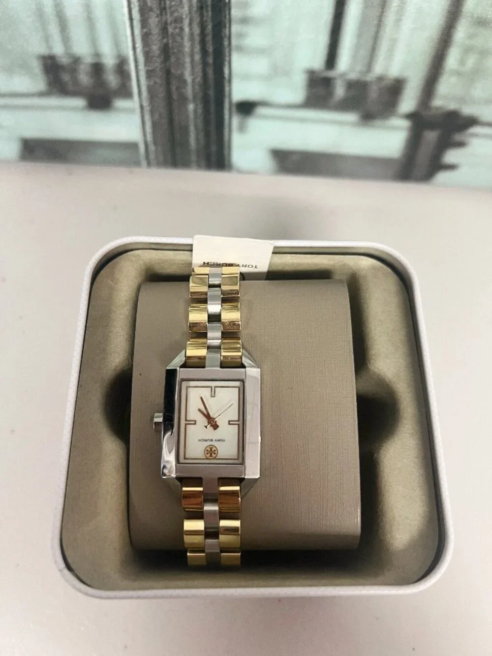 Tory Burch TBW1102 Ladies Two-Tone Rectangle Steel Watch 3ATM Dress Quartz Watch